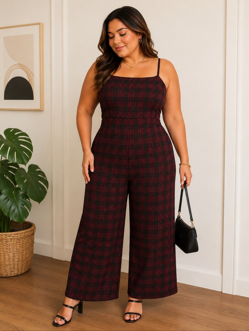 Plaid Burgundy Spaghetti Strap Midi Dress